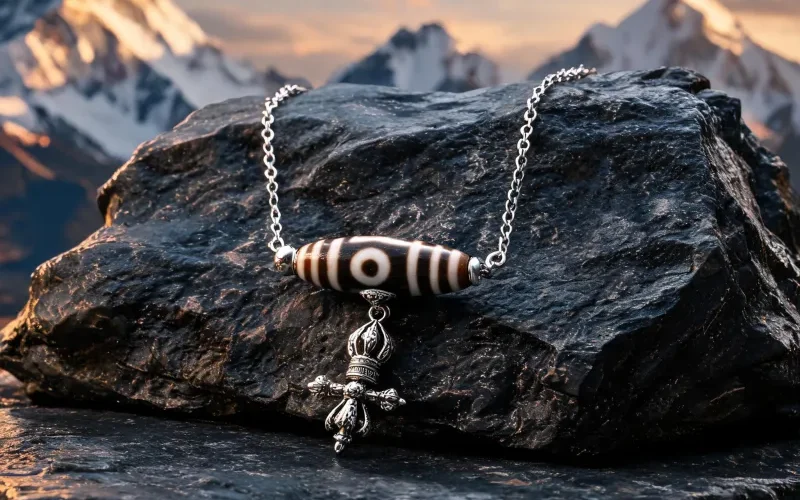 Natural Stone Inlaid Dzi Bead Pendant Sacred Totem Luck Protection Talisman Necklace