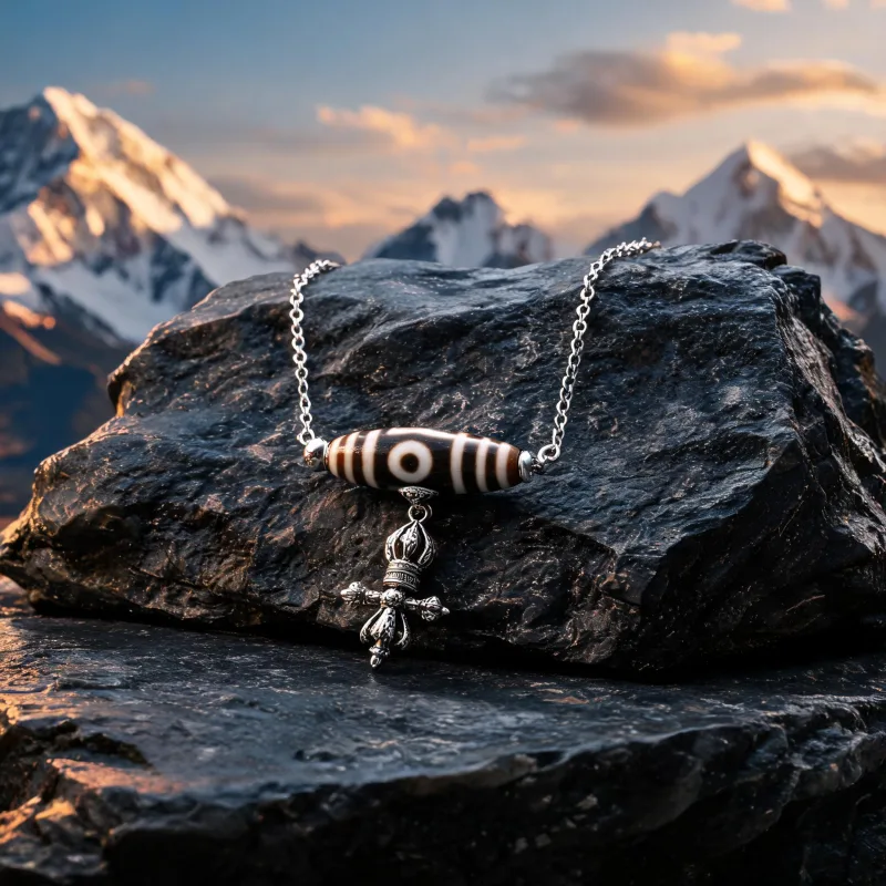 Natural Stone Inlaid Dzi Bead Pendant Sacred Totem Luck Protection Talisman Necklace